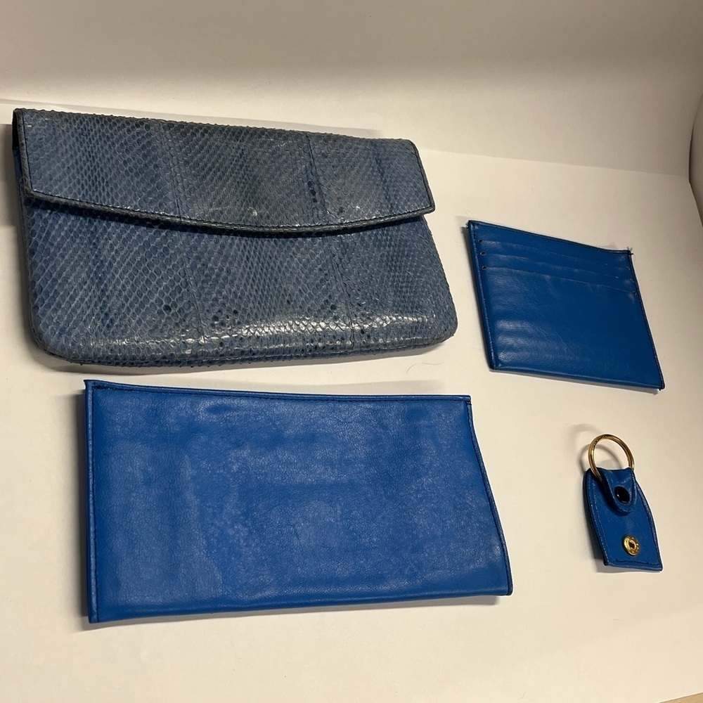 Blue Snakeskin and Leather 4 Piece Clutch Bag Wallet w/Key Ring Set